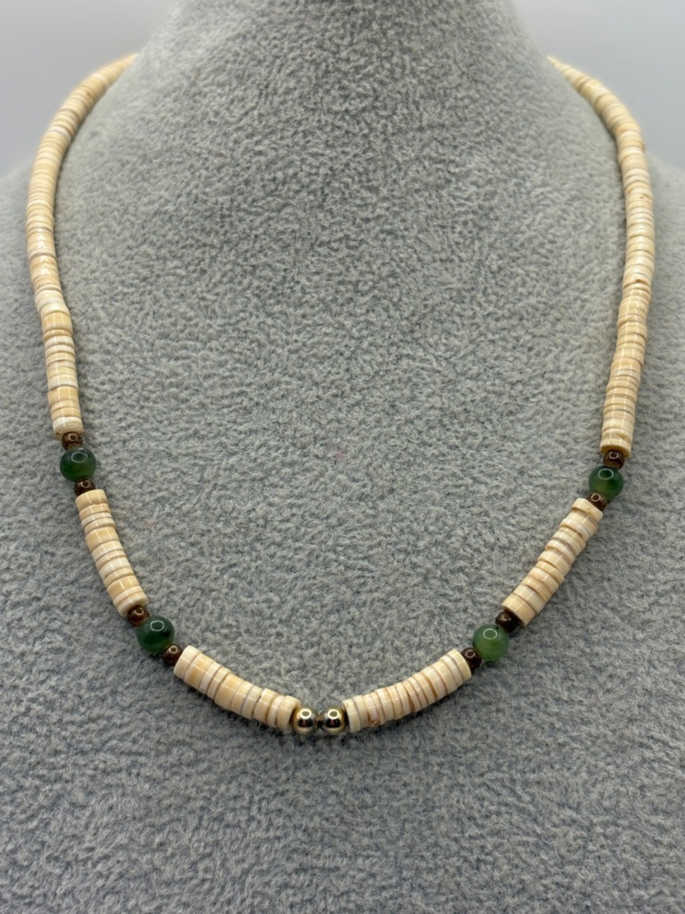 Panama Jack Cream Heishi Necklace with Green Bead Accents 15”